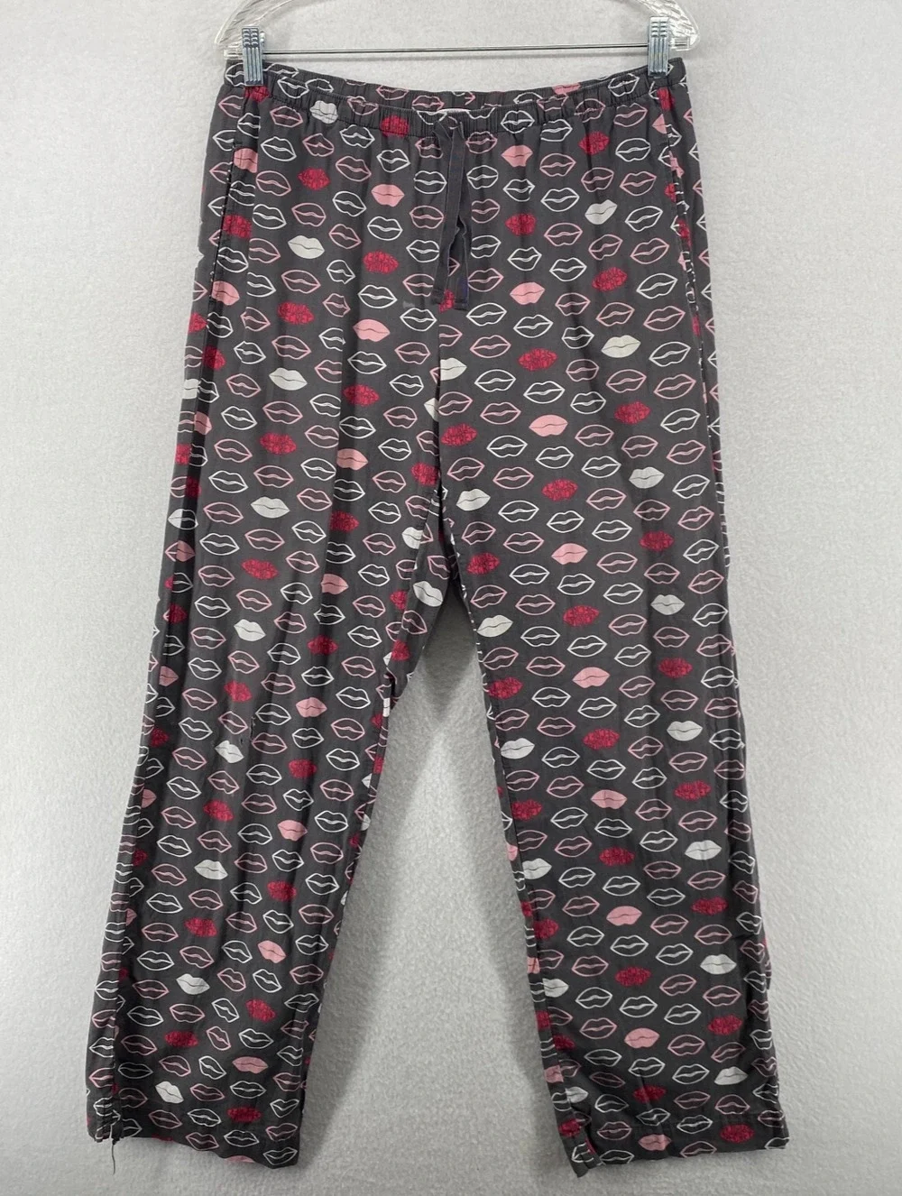 VICTORIAS SECRET Pants M Lip Print Lounge Pajama Drawstring Cotton Gray